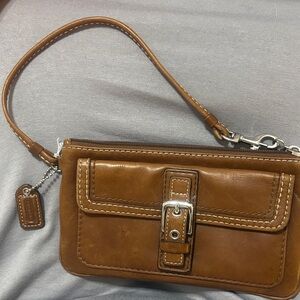 Coach Hampton SoHo British Tan Leather Wristlet Clutch with Flap Buckle Detail